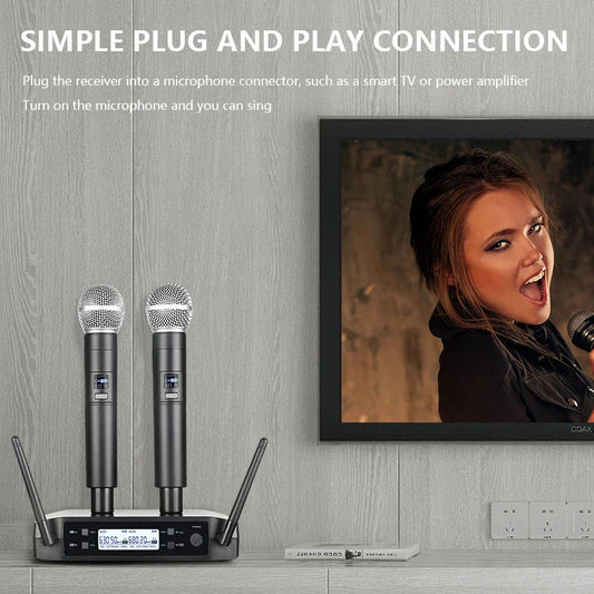 Black flalwreo portable wireless microphone system with two handheld mics and receiver for karaoke use at beat music store
