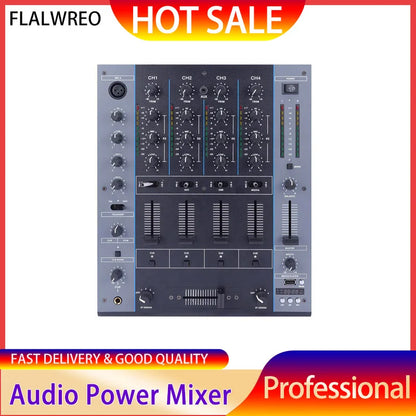 Gray flalwreo m4000 professional mini dj controller with four channel inputs knobs sliders and digital display audio power mixer