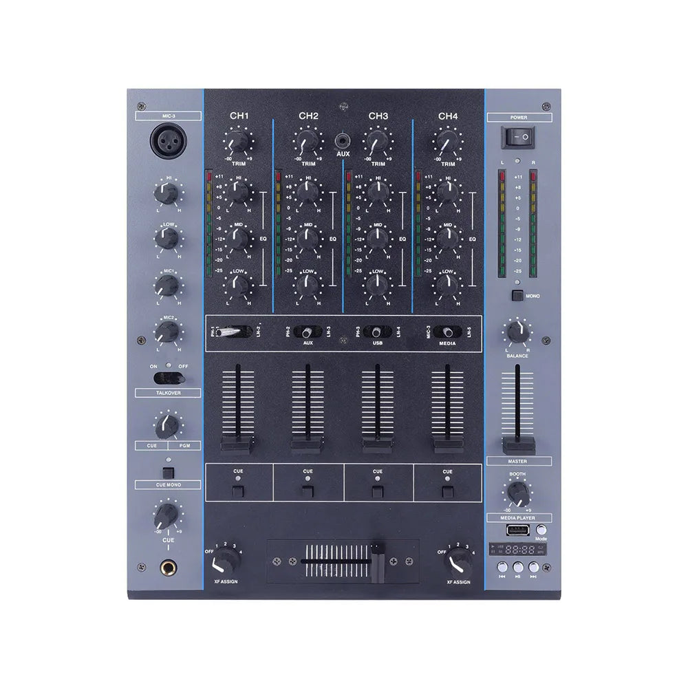 Black and gray flalwreo m4000 professional mini dj controller with four channels knobs sliders and digital display for audio power mixing