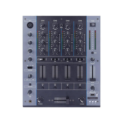 Black and gray flalwreo m4000 professional mini dj controller with four channels knobs sliders and digital display for audio power mixing
