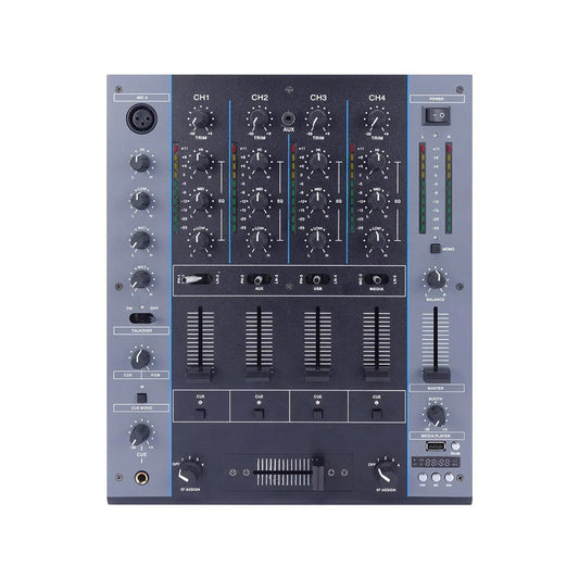 Black and gray flalwreo m4000 professional mini dj controller with four channels knobs sliders and digital display for audio power mixing