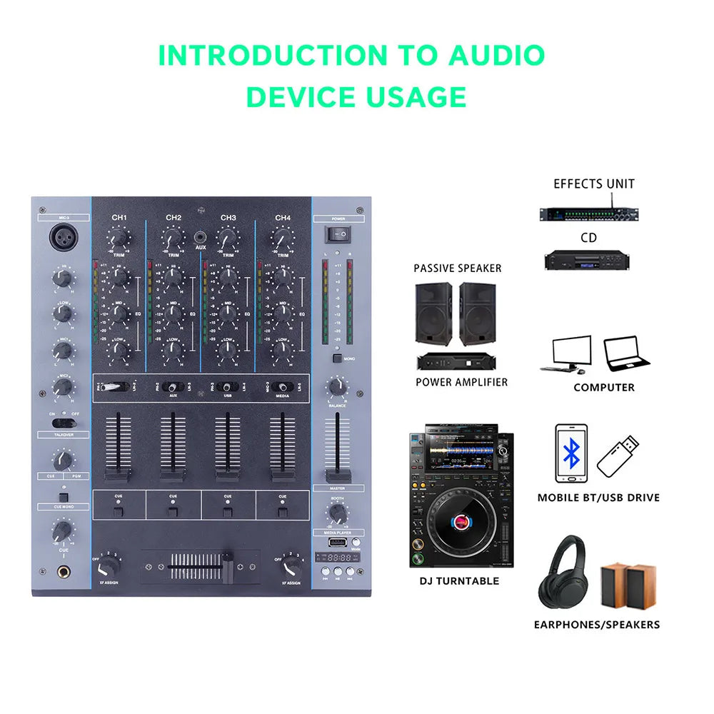 Gray and black flalwreo m4000 professional mini dj controller with knobs sliders for audio power mixer use in clubs and home