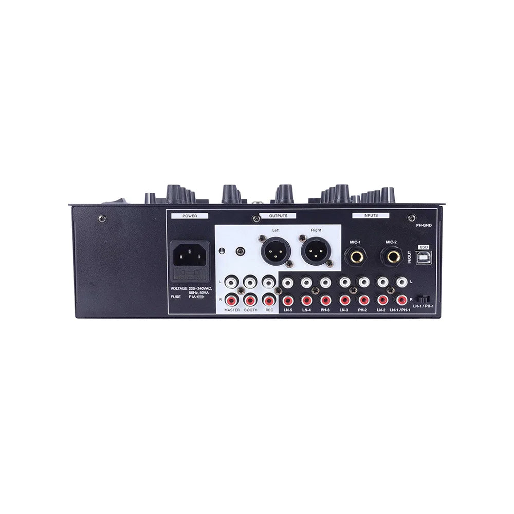 Black audio mixer back panel with jacks knobs and power socket for flalwreo m4000 professional mini dj controller