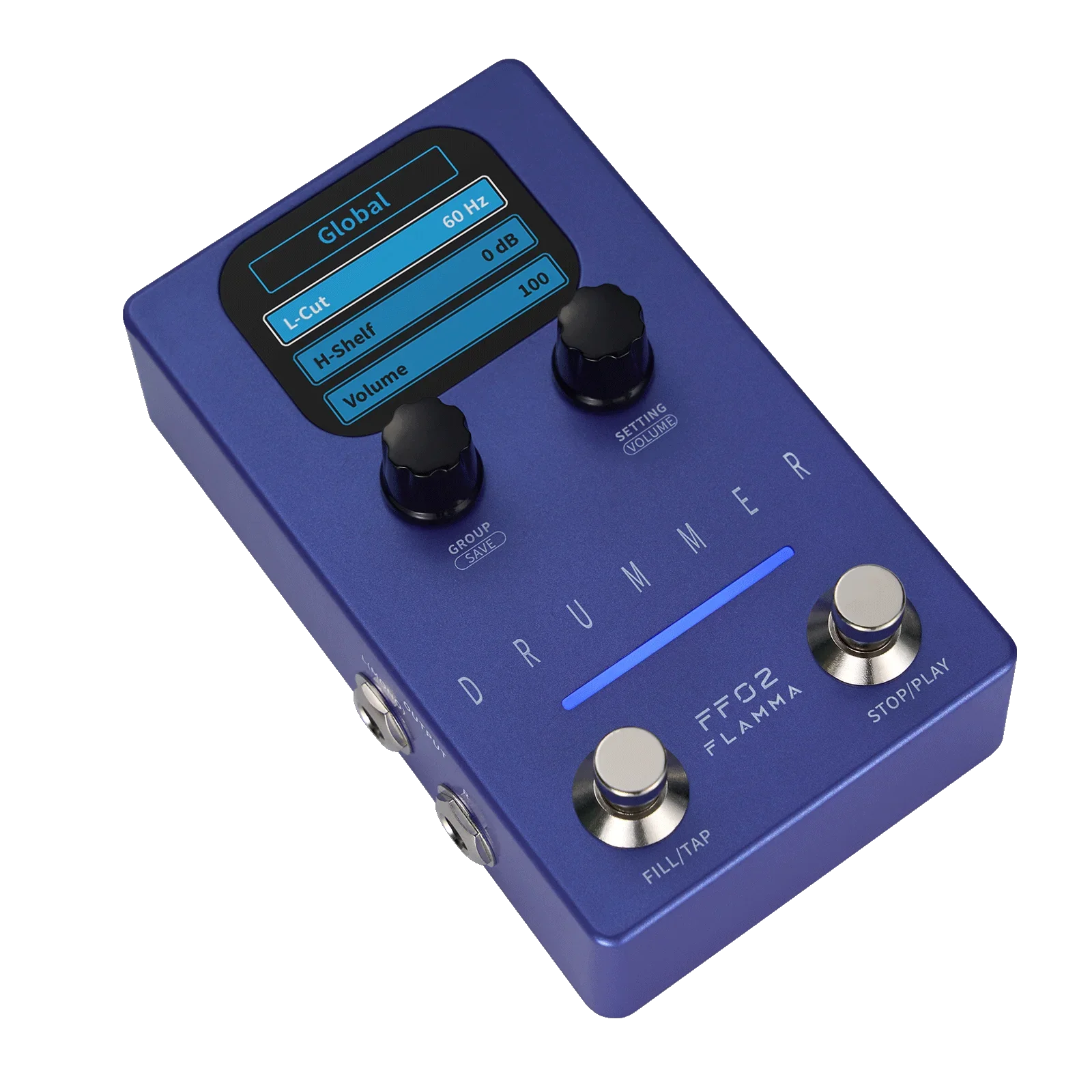 Blue flamma ff02 dual footswitch guitar effect pedal in blue with black knobs and silver switches featuring drum grooves and preset saving slots