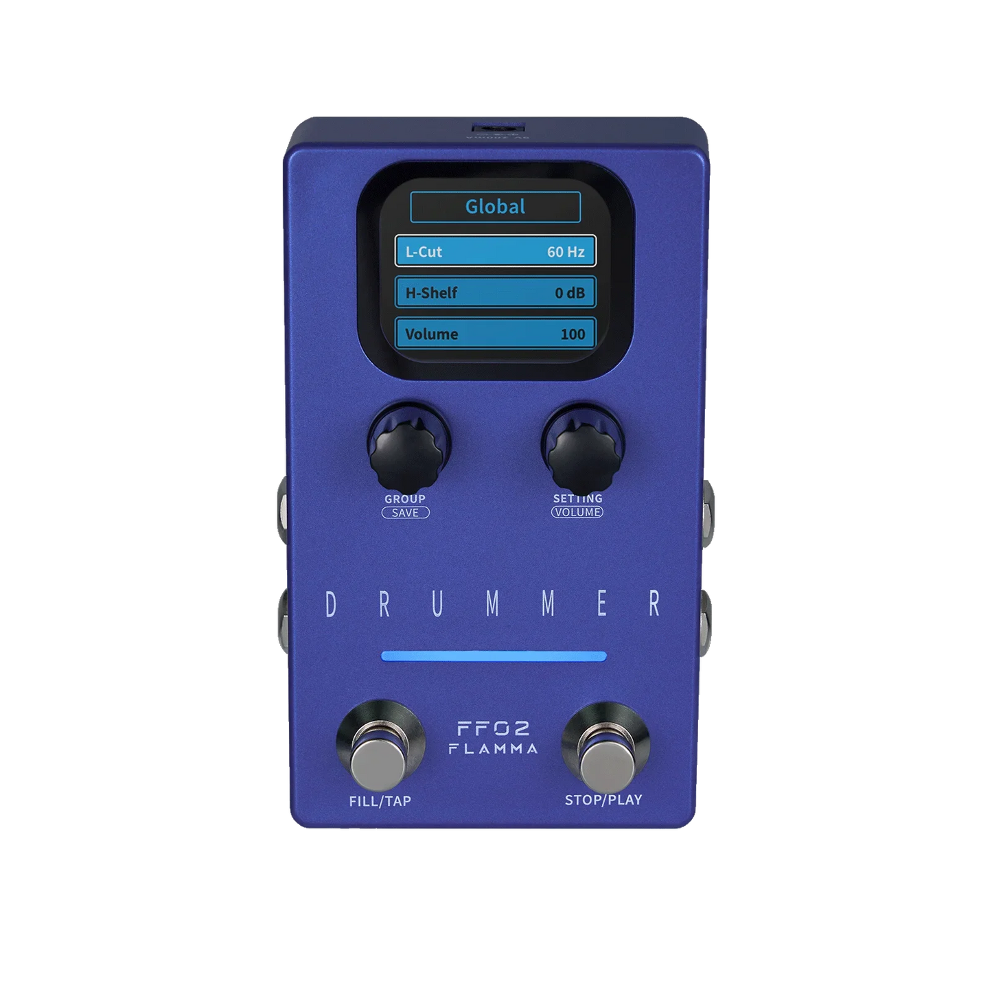 Blue flamma ff02 dual footswitch drum machine pedal with digital display, preset saving slots, and 11 drum grooves