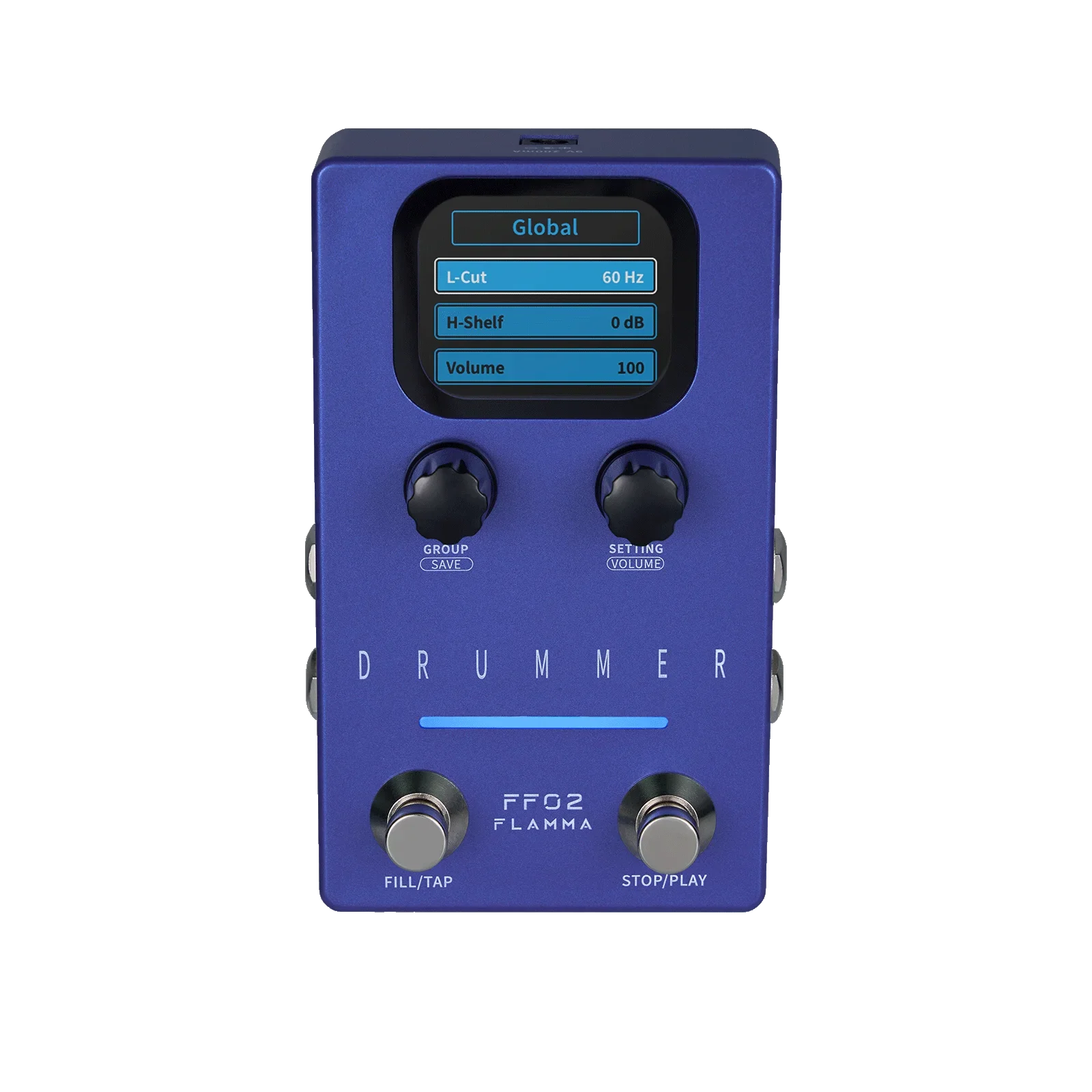 Blue flamma ff02 dual footswitch drum machine pedal with digital display, preset saving slots, and 11 drum grooves