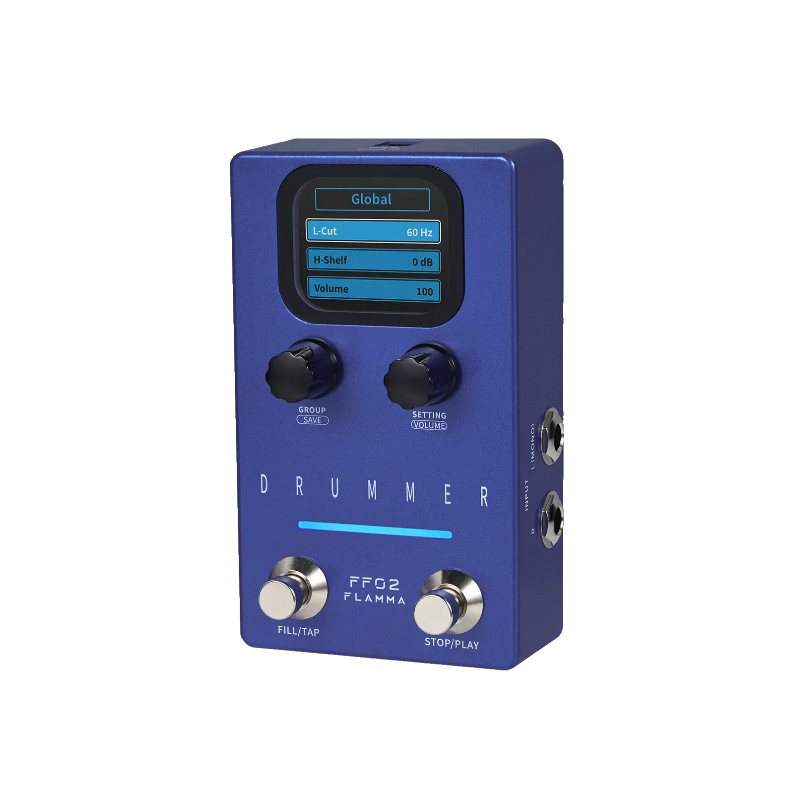 Blue flamma ff02 dual footswitch drum machine guitar effect pedal with digital display, preset saving slots, and drum grooves