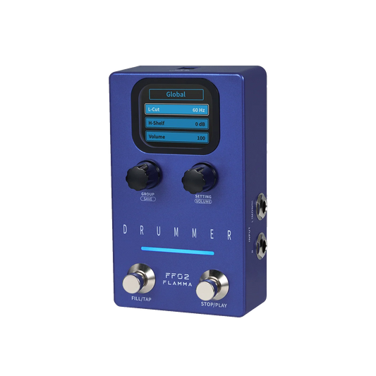 Blue flamma ff02 dual footswitch drum machine guitar effect pedal with digital display, preset saving slots, and drum grooves
