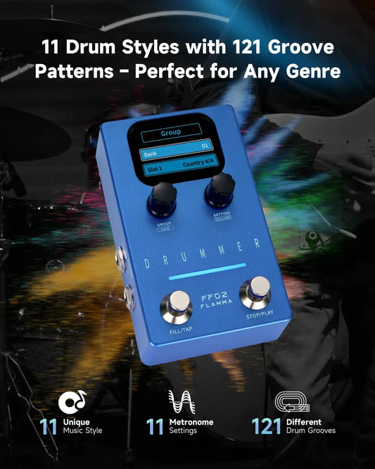 Blue rectangular ffo2 flamma drum effects pedal with black knobs silver buttons featuring 11 drum grooves and preset saving slots