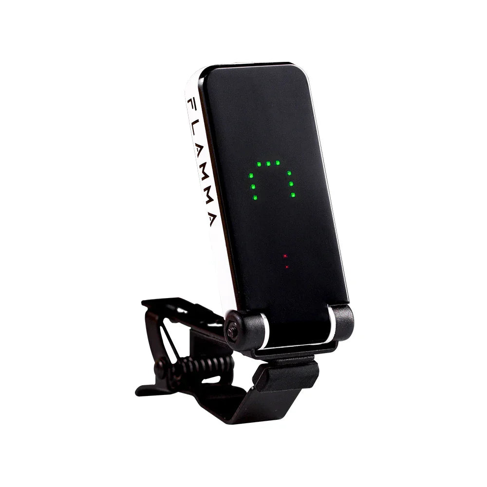 Black flamma ft01 clip-on tuner with green led display and white branding for acoustic guitar bass instruments christmas gift