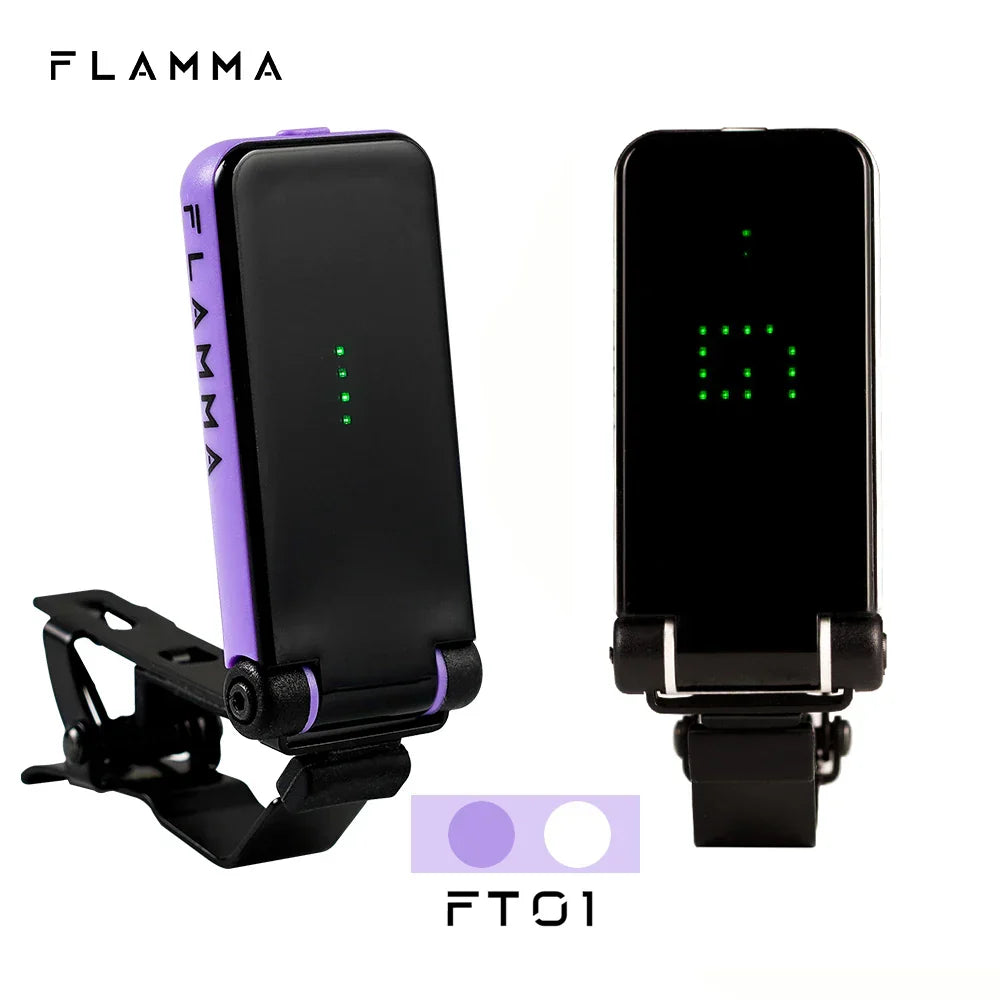 Purple and black flamma ft01 clip-on tuner with digital display and green led indicators for acoustic guitar bass instruments christmas gift