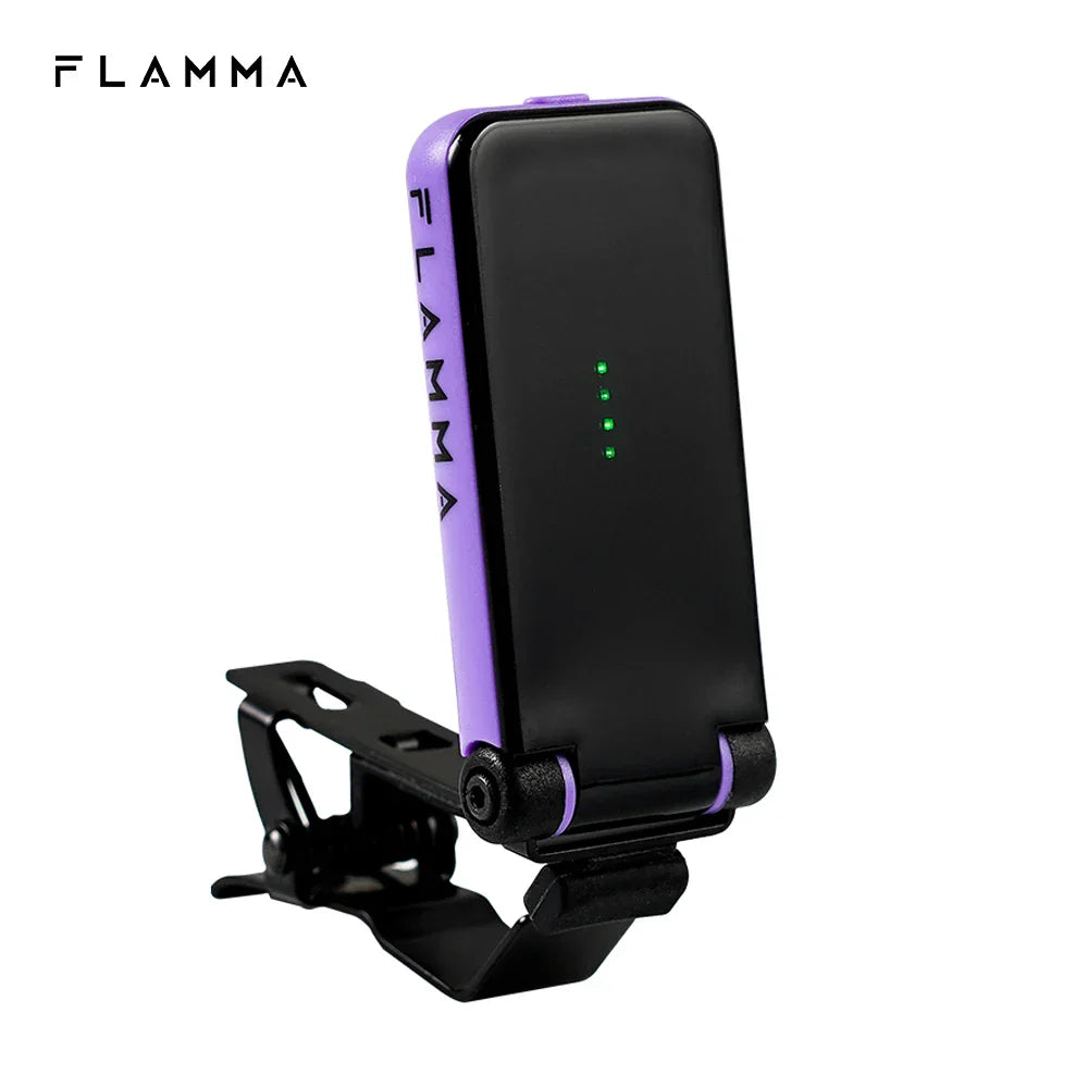 Purple and black flamma ft01 clip-on tuner with illuminated green power indicators for acoustic guitar bass and instruments christmas gift