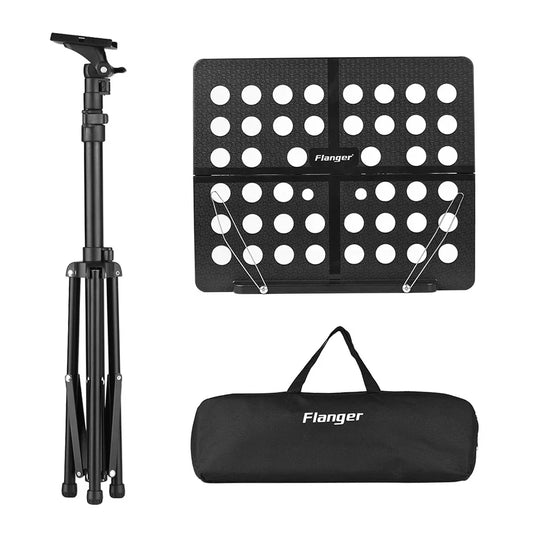 Black flanger collapsible sheet music score tripod stand with perforated metal sheet and adjustable tripod base with carrying bag