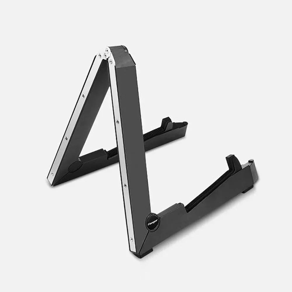 Black and silver foldable portable guitar stand with sleek modern design for acoustic classical guitar bass and ukulele