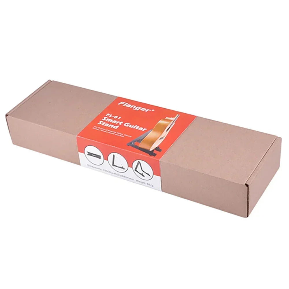 Flanger fl-01 portable guitar stand in brown cardboard box with orange and white label for classical guitar bass