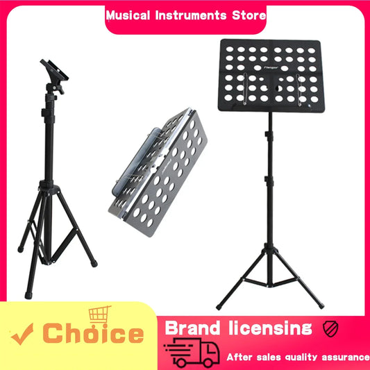 Black metal collapsible metal sheet score tripod stand with adjustable height and perforated sheet music score holder