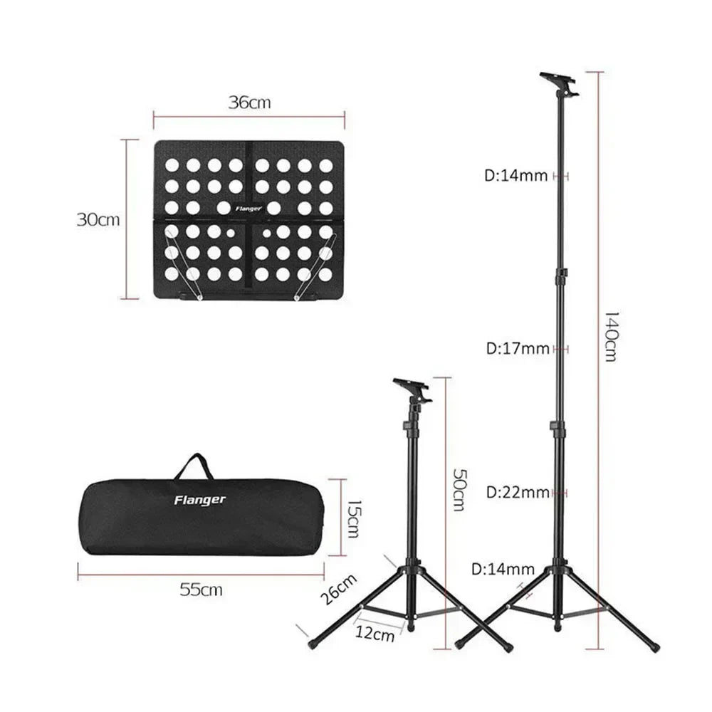Black foldable sheet music stand flanger fl-05r with adjustable height retractable metal tripod and perforated holder