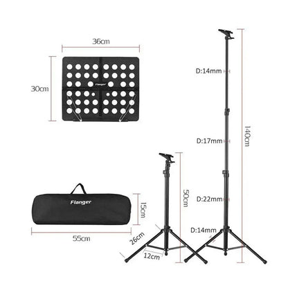 Black foldable sheet music stand flanger fl-05r with adjustable height retractable metal tripod and perforated holder