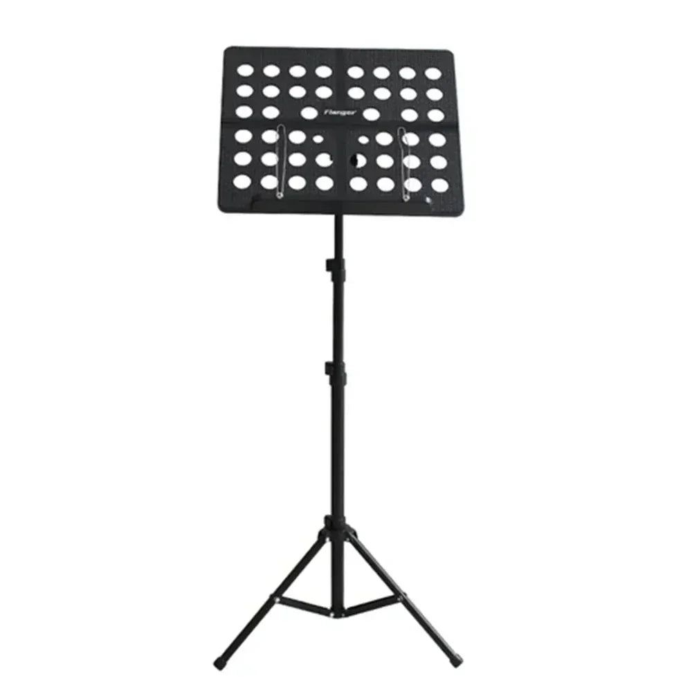 Black metal foldable sheet music stand with circular cutouts and retractable metal tripod legs for guitar and violin