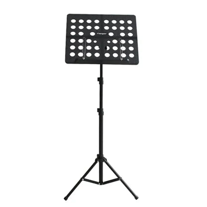 Black metal foldable sheet music stand with circular cutouts and retractable metal tripod legs for guitar and violin