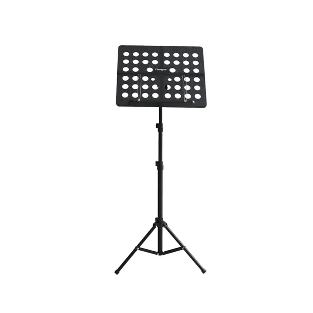 Black metal Flanger FL-05R foldable sheet music stand with perforated top plate and retractable metal tripod legs