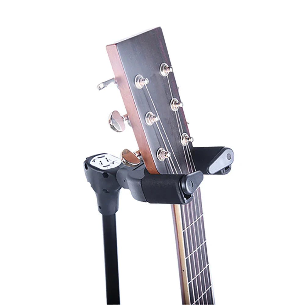 Black metal flanger fl-08 universal guitar stand holding wooden acoustic guitar headstock with silver tuning pegs for guitar bass ukulele musical instrument parts