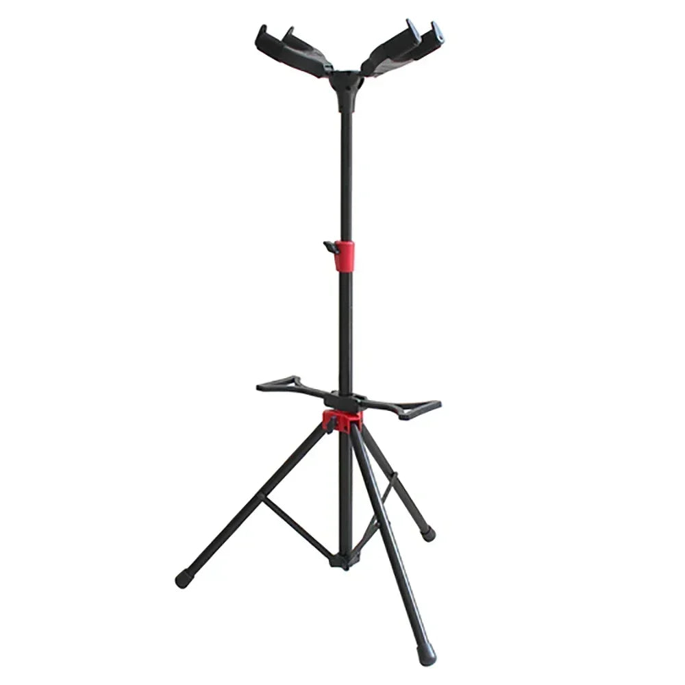 Black adjustable dual head metal guitar stand with red accents and tripod base for guitar bass violin ukulele banj parts