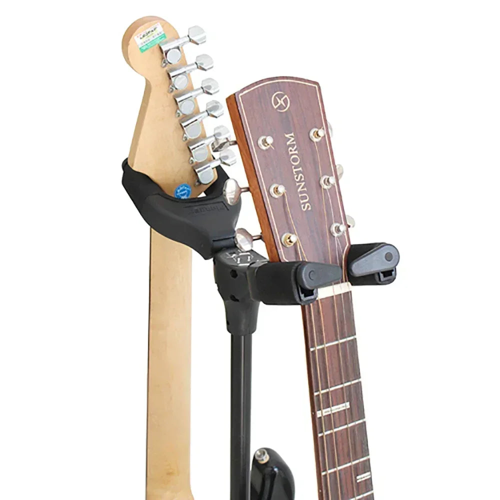 Black dual head metal flanger FL-08D guitar stand holding two guitars for guitar bass violin ukulele banj parts use