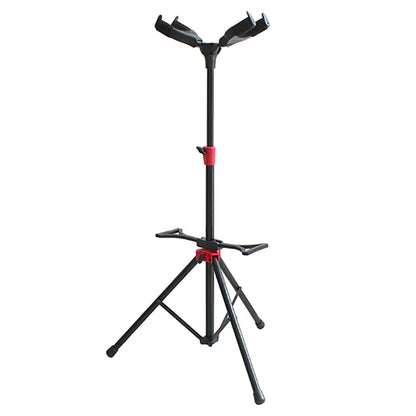 Black adjustable metal guitar stand dual with red accent bands and tripod base for bass violin banjo mandolin guitar accessories