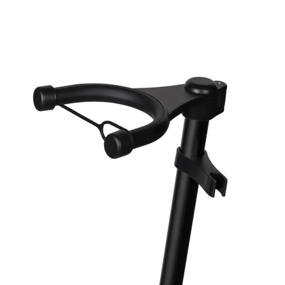 Black metal violin stand looped with curved arm adjustable clamp and individual bow positions three legged support bracket
