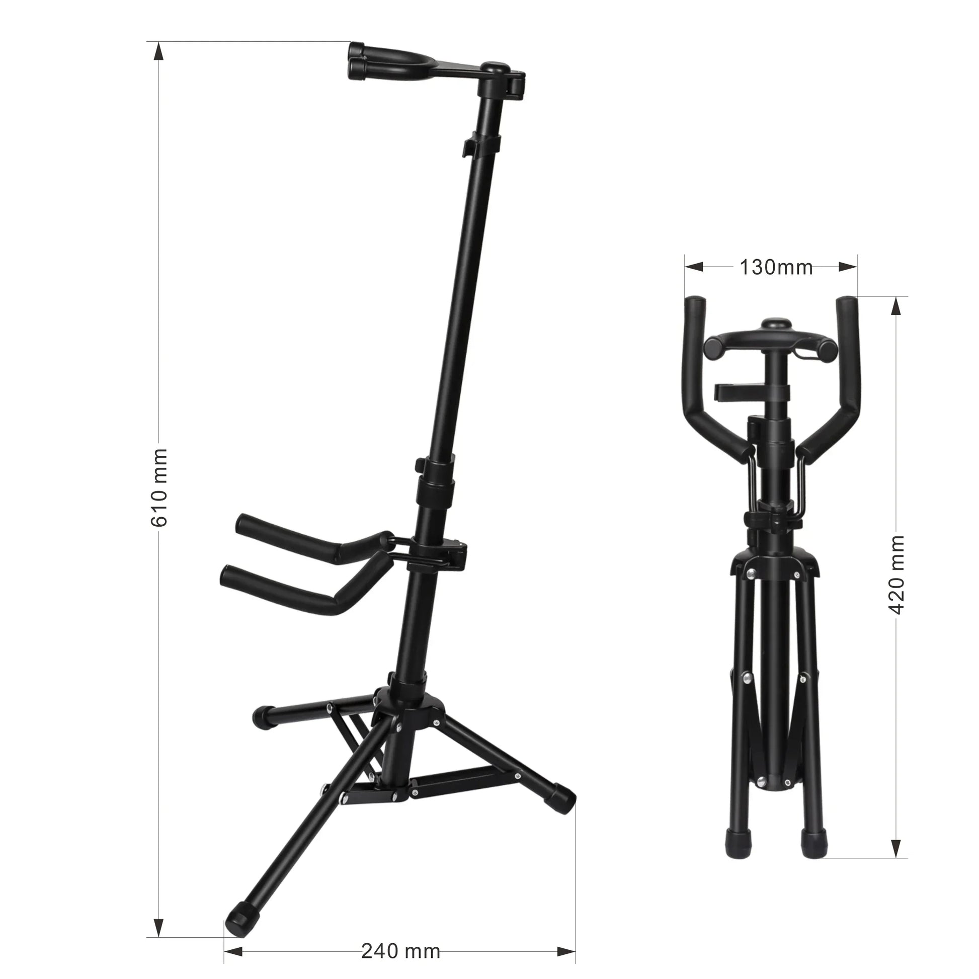 Black foldable metal violin stand looped with adjustable height tripod base and legged support bracket for individual bow positions