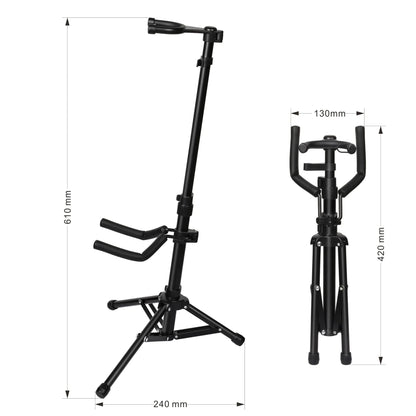 Black foldable metal violin stand looped with adjustable height tripod base and legged support bracket for individual bow positions
