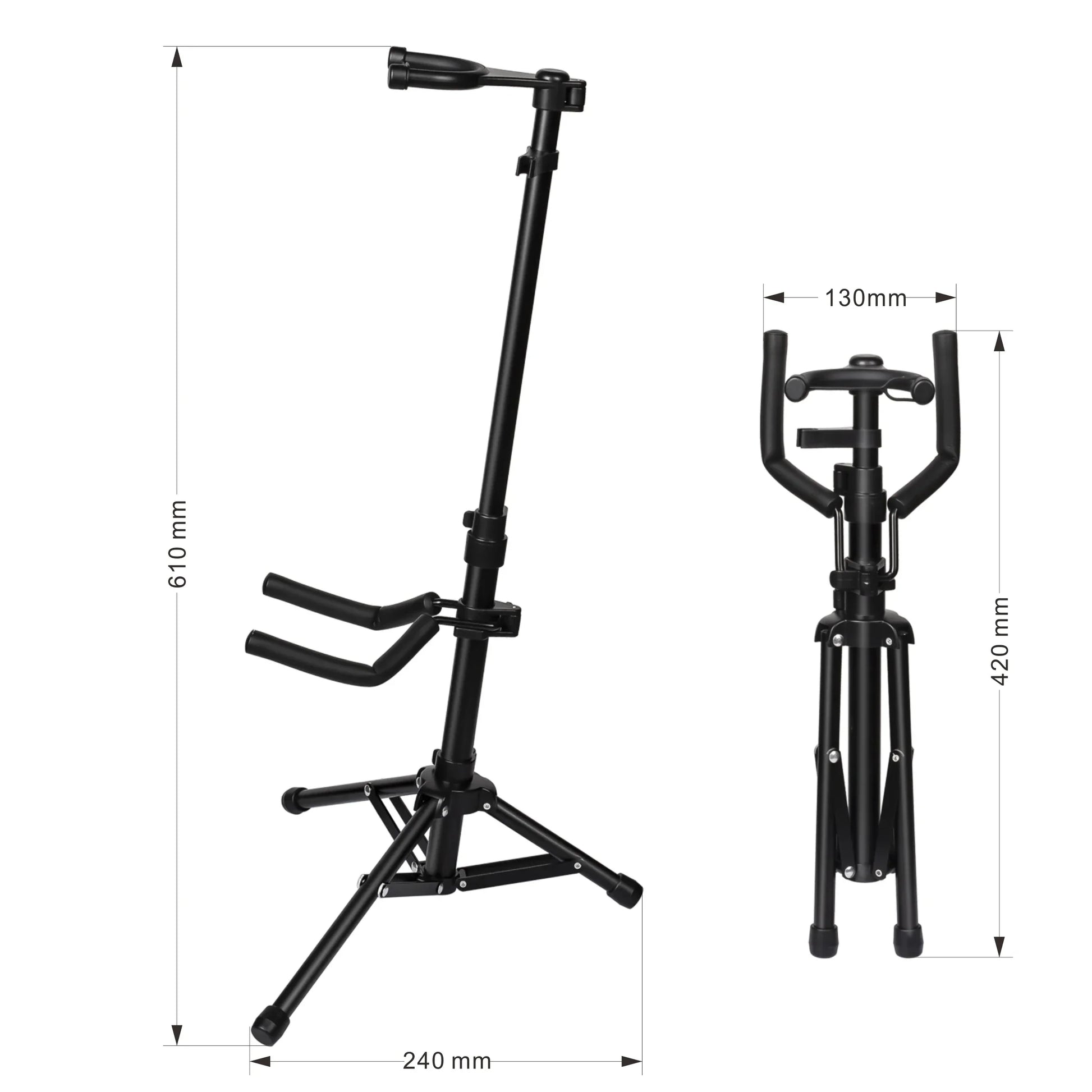 Black metal foldable violin stand looped with adjustable height tripod legged support bracket for individual bow positions