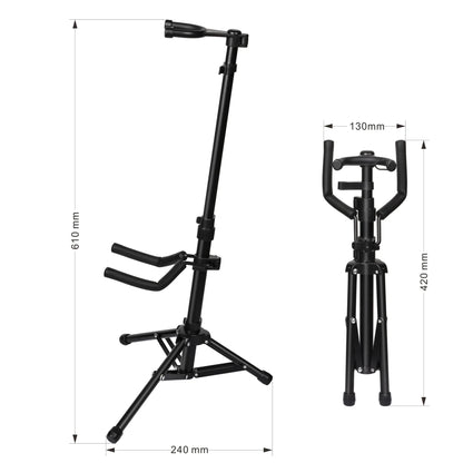 Black metal foldable violin stand looped with adjustable height tripod legged support bracket for individual bow positions