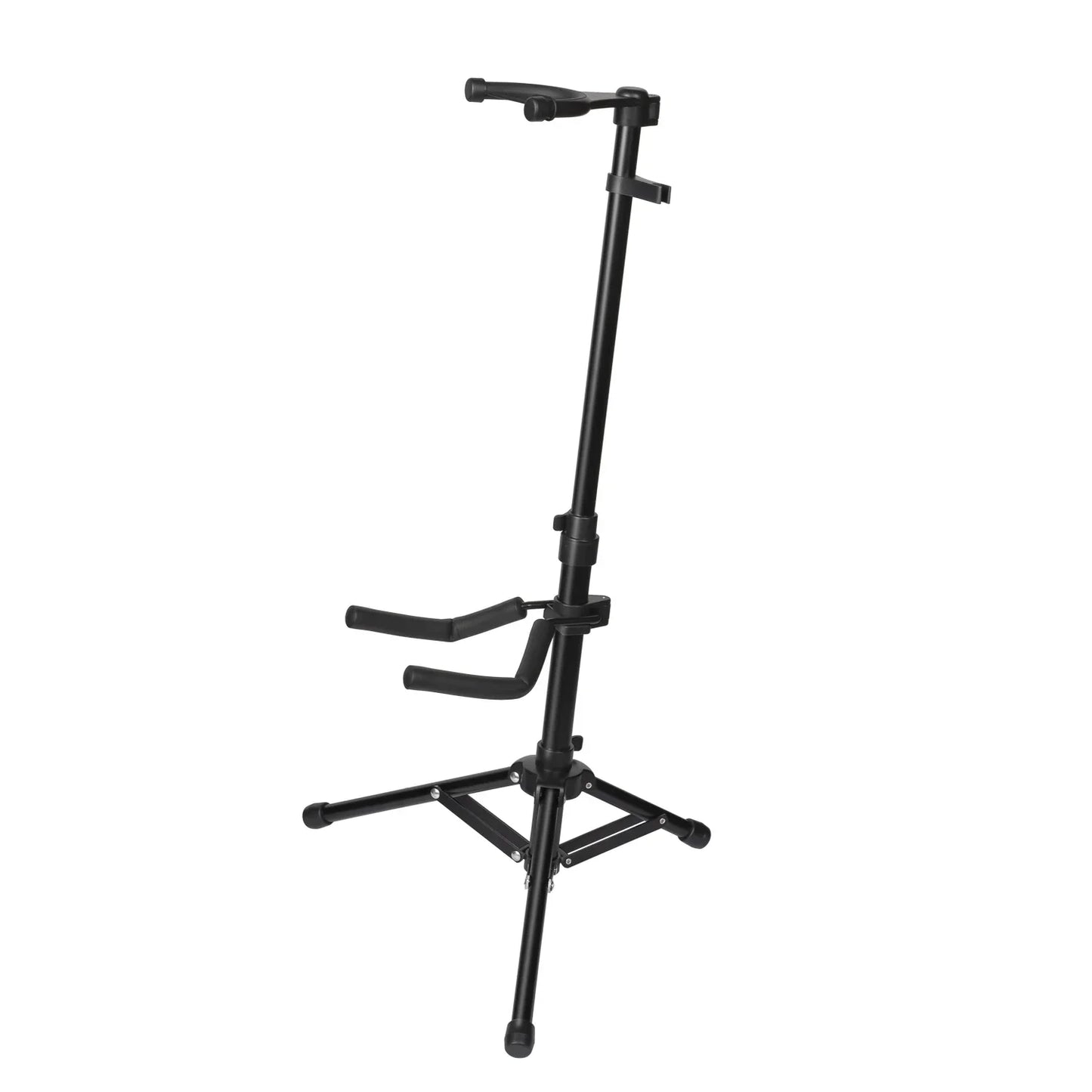 Black metal violin stand looped with adjustable height, individual bow positions, and three legged support bracket
