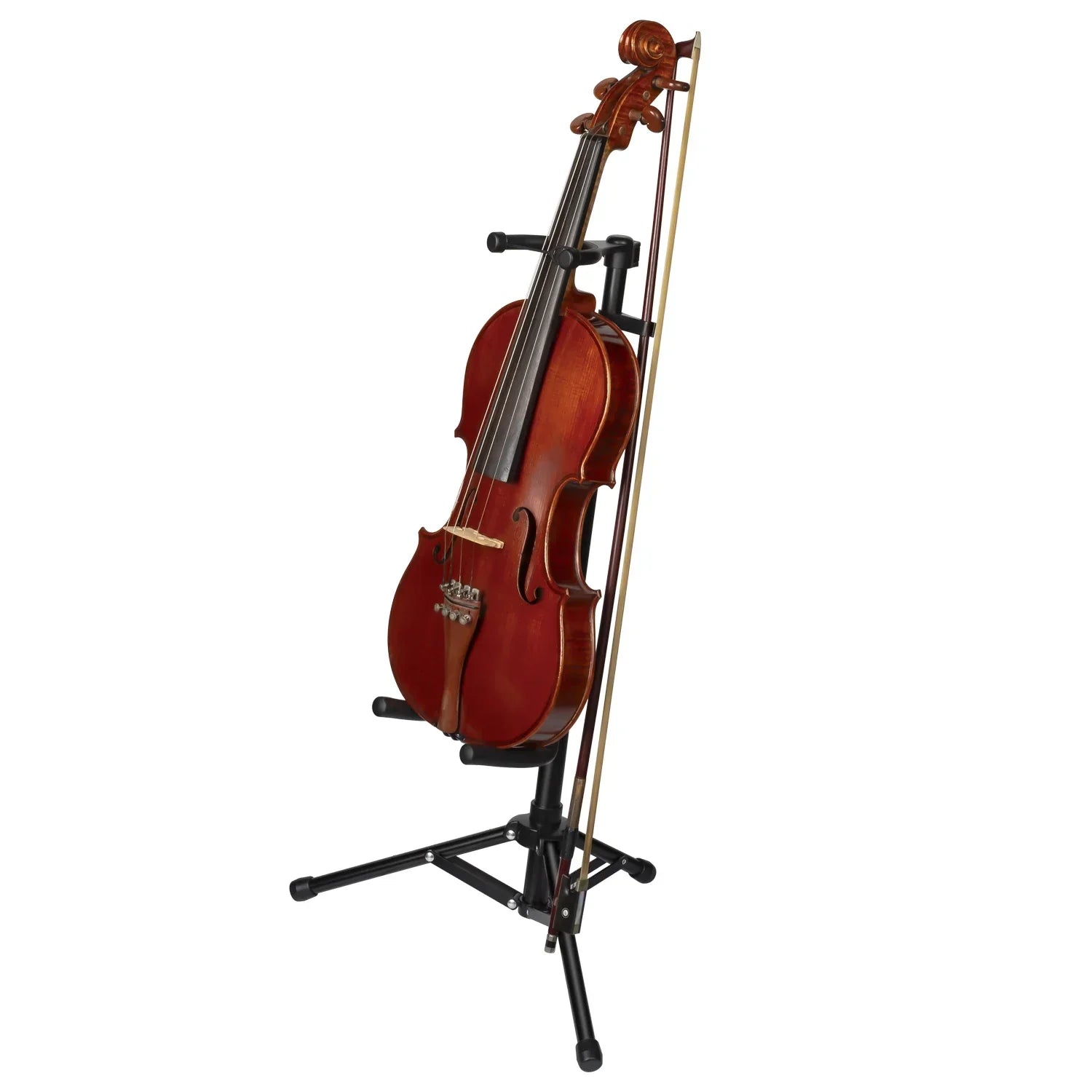 A polished reddish-brown violin with a black bow resting on a black metal violin stand looped with individual bow positions and a three-legged support bracket