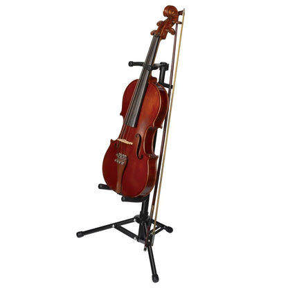 A polished reddish-brown violin with a black bow resting on a black metal violin stand looped with individual bow positions and a three-legged support bracket