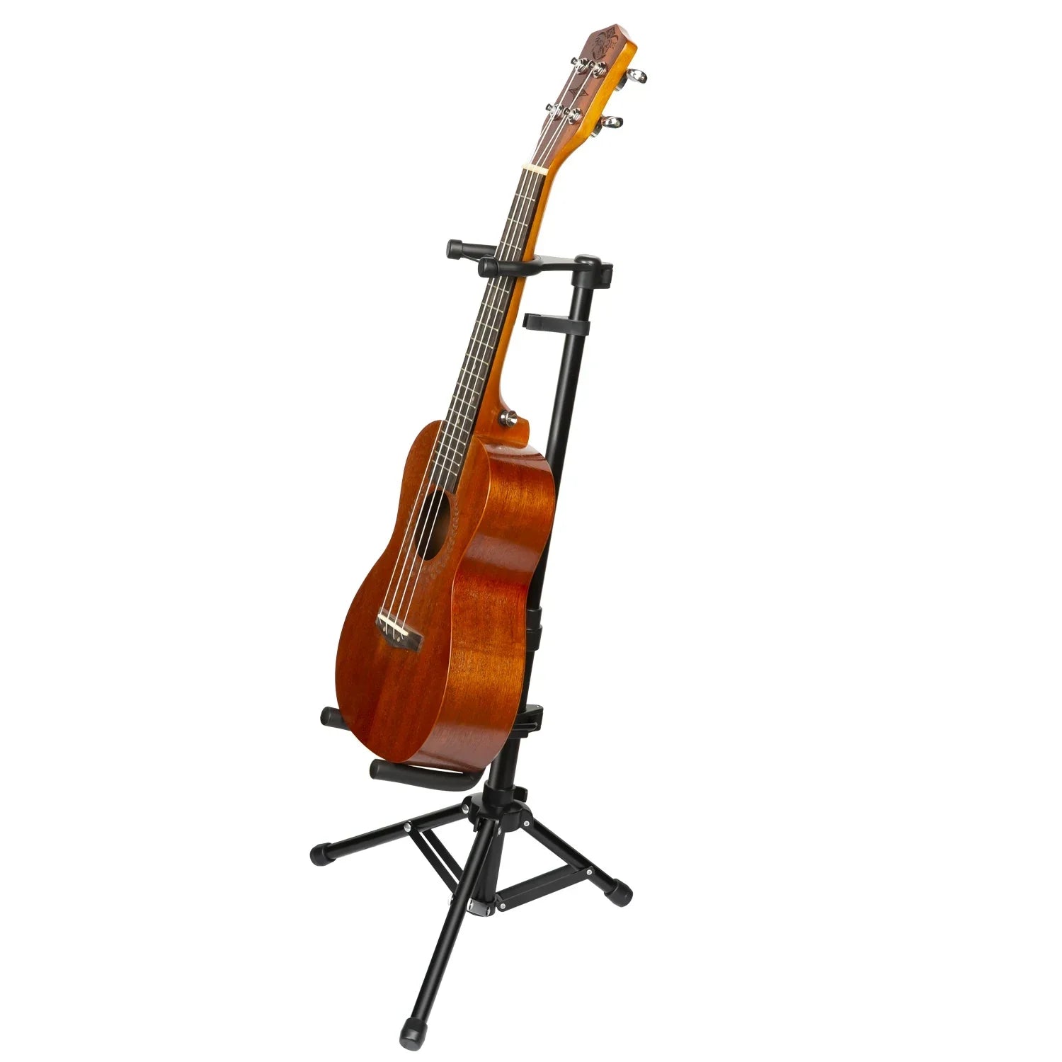 A polished wooden ukulele with a glossy finish rests on a black metal violin stand looped with three legged support bracket and individual bow positions