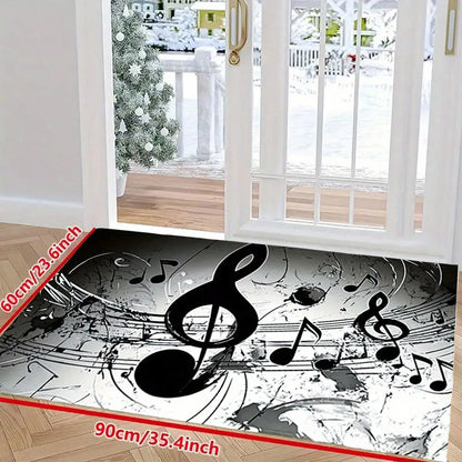 Black and white musical note patterned doormat with treble clef design soft absorbent washable suitable for entryways