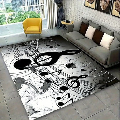 Black and white musical note patterned absorbent washable doormat suitable for entryways and bathrooms