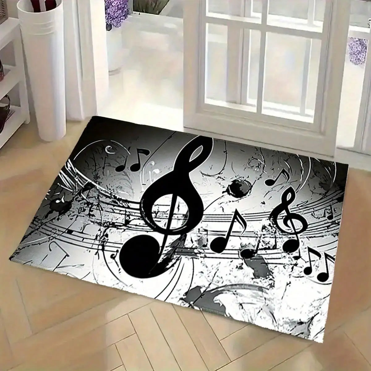 Black and white musical note patterned doormat with bold treble clefs soft absorbent washable suitable for entryways