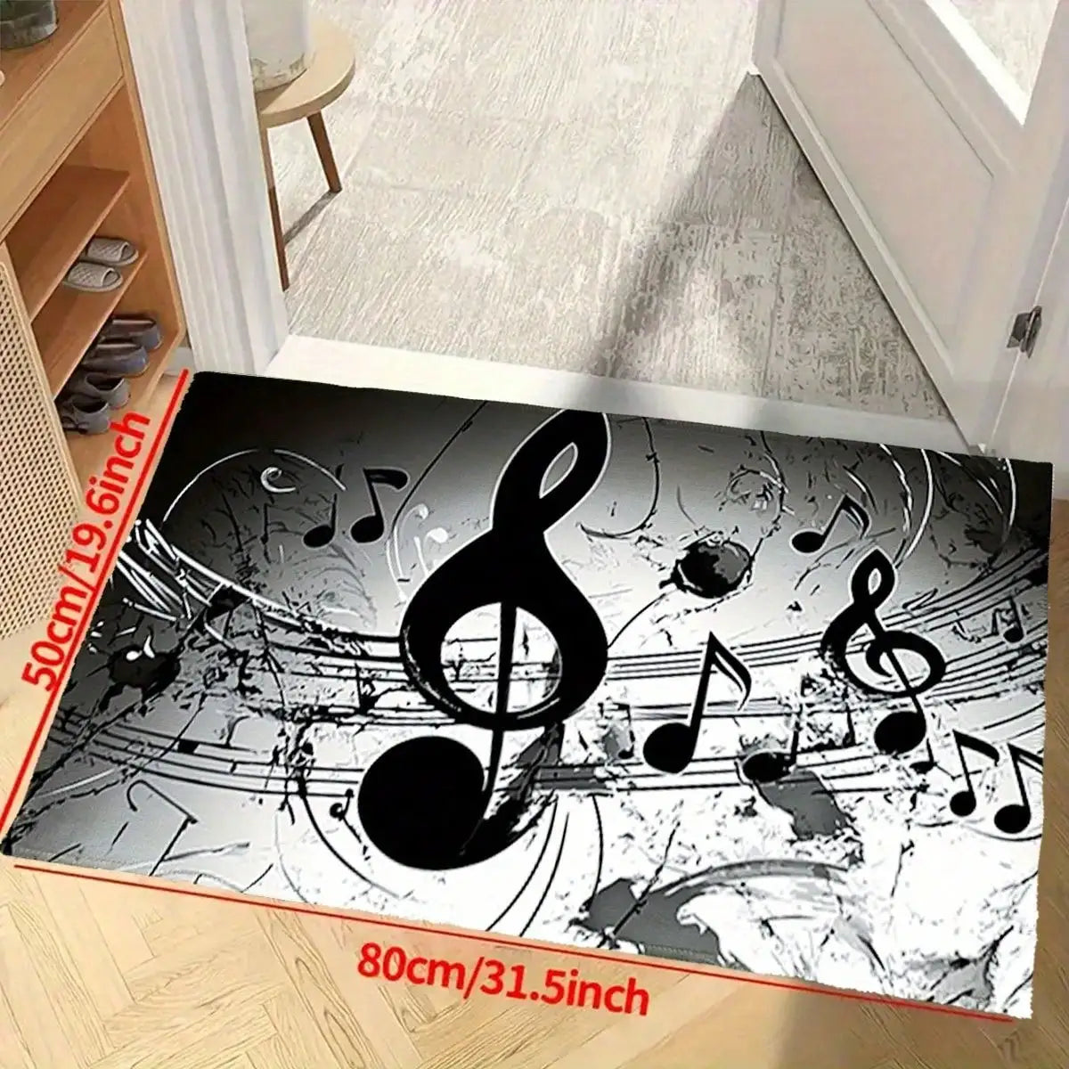 Black and white musical note patterned doormat featuring bold treble clefs soft absorbent washable suitable for entryways