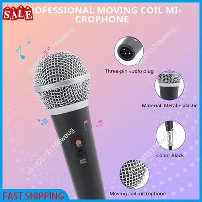 Black microphone handheld professional with silver mesh grille metal-plastic body clear voice mic for karaoke vocal music use