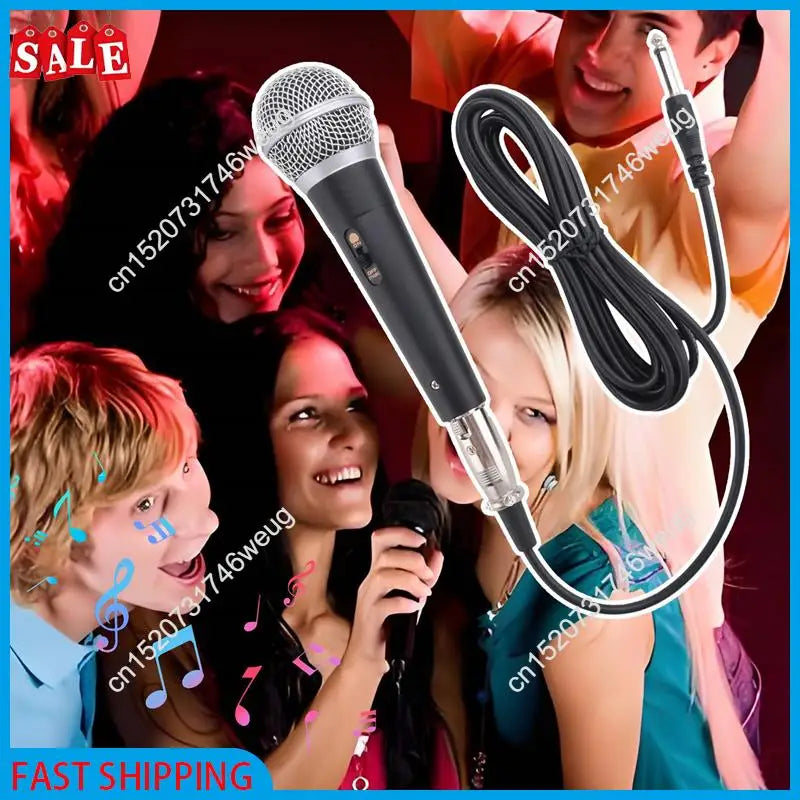 Black handheld professional dynamic microphone with silver mesh grille and coiled cable for clear voice mic karaoke vocal music
