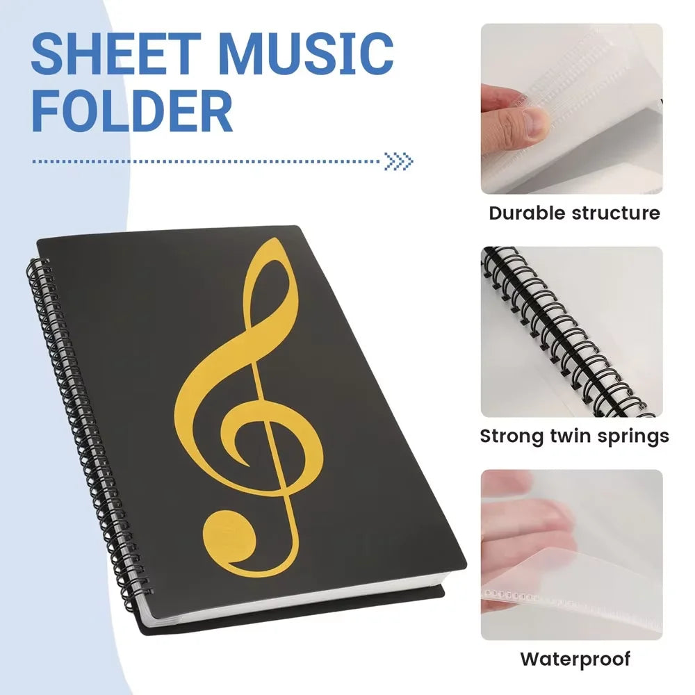 Black flexible 40 pages piano sheet music folder with bold yellow treble clef and black spiral binding for practice