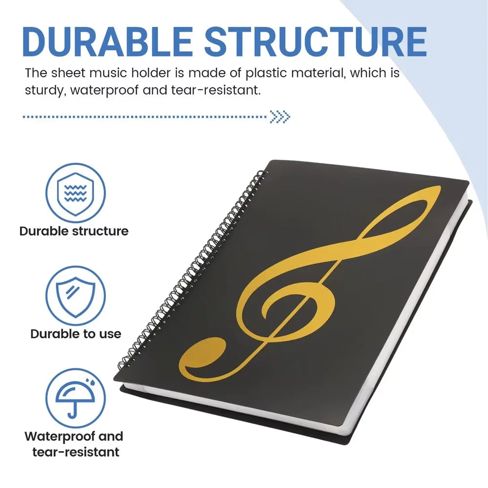 Black plastic flexible piano music score folder with gold treble clef design and spiral binding for sheet note storage