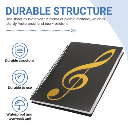 Black plastic flexible piano music score folder with gold treble clef design and spiral binding for sheet note storage
