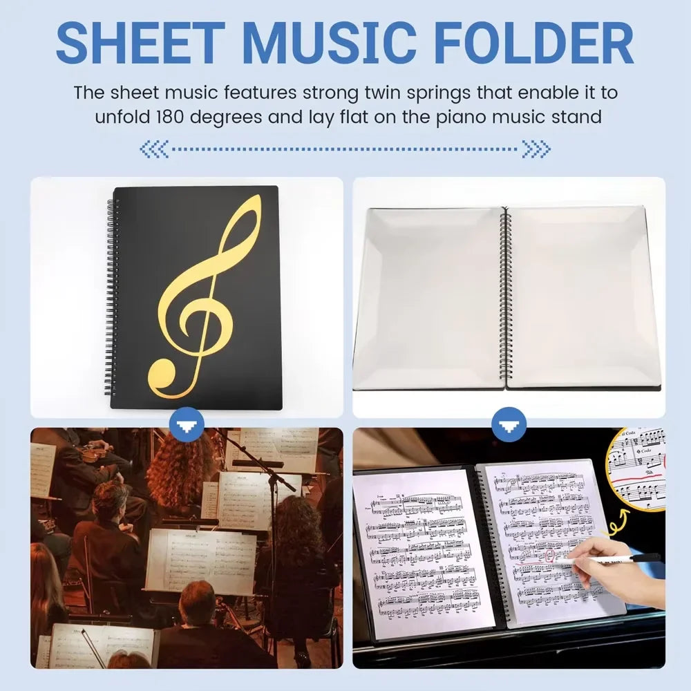Black spiral-bound flexible 40 pages piano music score folder with gold treble clef design for practice and storage