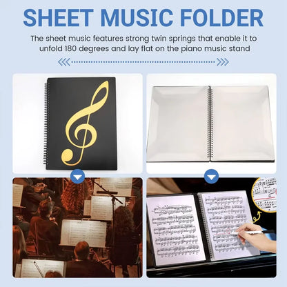 Black spiral-bound flexible 40 pages piano music score folder with gold treble clef design for practice and storage