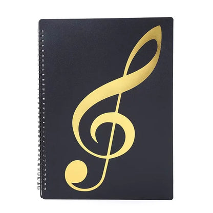 Black spiral-bound a4 music score folder with gold treble clef cover for piano sheet organization and practice